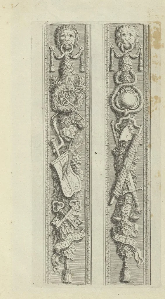 An illustration from Prima[-secunda] pars praecipuarum effigierum ac ornamentorum amplissimae curiae Amstelrodamensis : maiori ex parte, in candido marmore effectorum per Artum Quellinium, eiusdem civitatis statuarium = Het eerste[-tweede] deel van de voornaemste statuen ende ciraten vant konstrijck Stadthuys van Amstelredam ... = La premier [sic] partie de plusiers figures et ornements de la Maison de ville d'Amsterdam ..., 1665, leaf 182