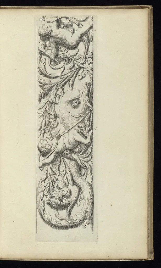 An illustration from Prima[-secunda] pars praecipuarum effigierum ac ornamentorum amplissimae curiae Amstelrodamensis : maiori ex parte, in candido marmore effectorum per Artum Quellinium, eiusdem civitatis statuarium = Het eerste[-tweede] deel van de voornaemste statuen ende ciraten vant konstrijck Stadthuys van Amstelredam ... = La premier [sic] partie de plusiers figures et ornements de la Maison de ville d'Amsterdam ..., 1665, leaf 206
