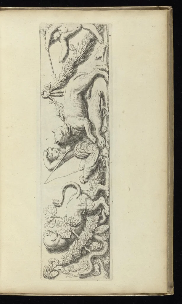 An illustration from Prima[-secunda] pars praecipuarum effigierum ac ornamentorum amplissimae curiae Amstelrodamensis : maiori ex parte, in candido marmore effectorum per Artum Quellinium, eiusdem civitatis statuarium = Het eerste[-tweede] deel van de voornaemste statuen ende ciraten vant konstrijck Stadthuys van Amstelredam ... = La premier [sic] partie de plusiers figures et ornements de la Maison de ville d'Amsterdam ..., 1665, leaf 212