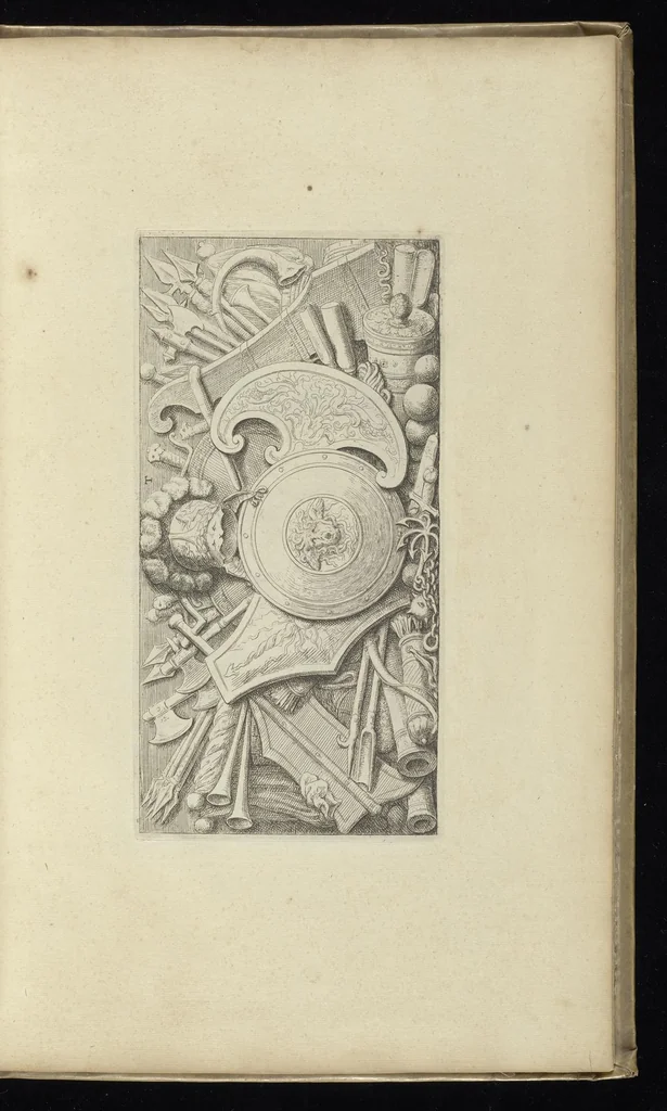 An illustration from Prima[-secunda] pars praecipuarum effigierum ac ornamentorum amplissimae curiae Amstelrodamensis : maiori ex parte, in candido marmore effectorum per Artum Quellinium, eiusdem civitatis statuarium = Het eerste[-tweede] deel van de voornaemste statuen ende ciraten vant konstrijck Stadthuys van Amstelredam ... = La premier [sic] partie de plusiers figures et ornements de la Maison de ville d'Amsterdam ..., 1665, leaf 218