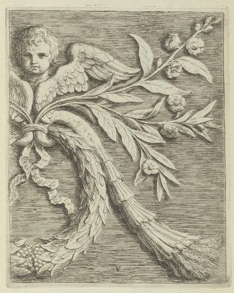 An illustration from Prima[-secunda] pars praecipuarum effigierum ac ornamentorum amplissimae curiae Amstelrodamensis : maiori ex parte, in candido marmore effectorum per Artum Quellinium, eiusdem civitatis statuarium = Het eerste[-tweede] deel van de voornaemste statuen ende ciraten vant konstrijck Stadthuys van Amstelredam ... = La premier [sic] partie de plusiers figures et ornements de la Maison de ville d'Amsterdam ..., 1665, leaf 224