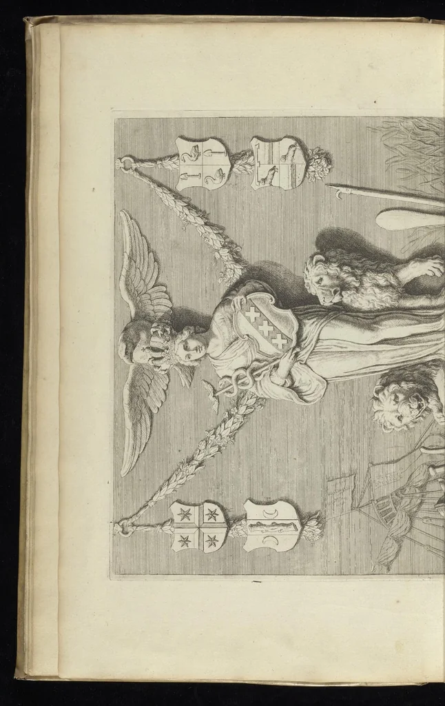 An illustration from Prima[-secunda] pars praecipuarum effigierum ac ornamentorum amplissimae curiae Amstelrodamensis : maiori ex parte, in candido marmore effectorum per Artum Quellinium, eiusdem civitatis statuarium = Het eerste[-tweede] deel van de voornaemste statuen ende ciraten vant konstrijck Stadthuys van Amstelredam ... = La premier [sic] partie de plusiers figures et ornements de la Maison de ville d'Amsterdam ..., 1665, leaf 27