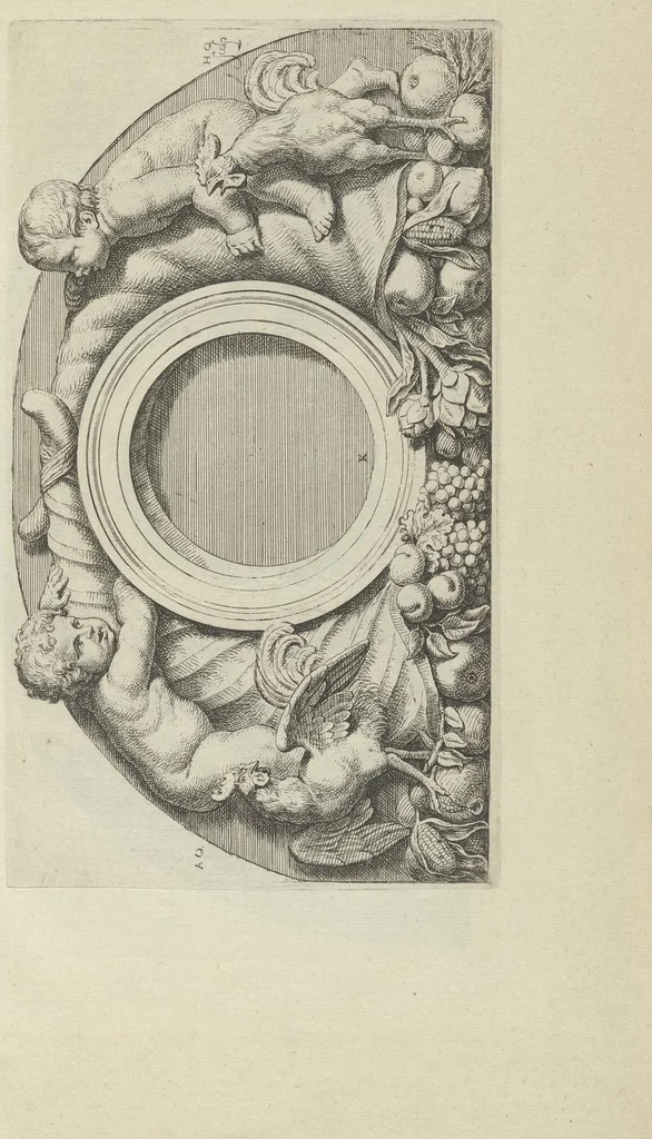An illustration from Prima[-secunda] pars praecipuarum effigierum ac ornamentorum amplissimae curiae Amstelrodamensis : maiori ex parte, in candido marmore effectorum per Artum Quellinium, eiusdem civitatis statuarium = Het eerste[-tweede] deel van de voornaemste statuen ende ciraten vant konstrijck Stadthuys van Amstelredam ... = La premier [sic] partie de plusiers figures et ornements de la Maison de ville d'Amsterdam ..., 1665, leaf 42