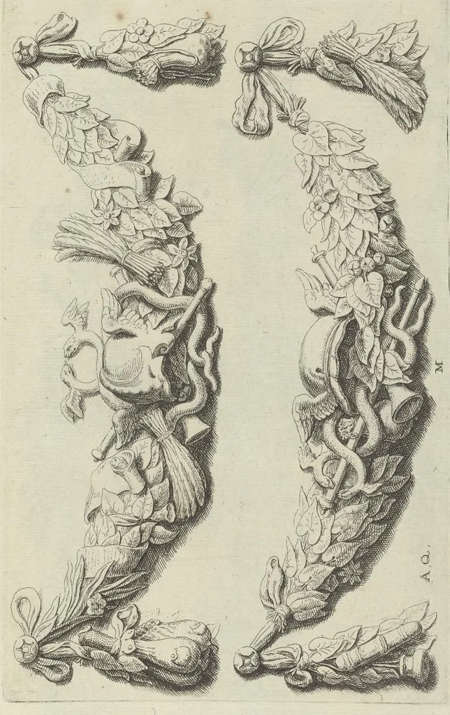 An illustration from Prima[-secunda] pars praecipuarum effigierum ac ornamentorum amplissimae curiae Amstelrodamensis : maiori ex parte, in candido marmore effectorum per Artum Quellinium, eiusdem civitatis statuarium = Het eerste[-tweede] deel van de voornaemste statuen ende ciraten vant konstrijck Stadthuys van Amstelredam ... = La premier [sic] partie de plusiers figures et ornements de la Maison de ville d'Amsterdam ..., 1665, leaf 54