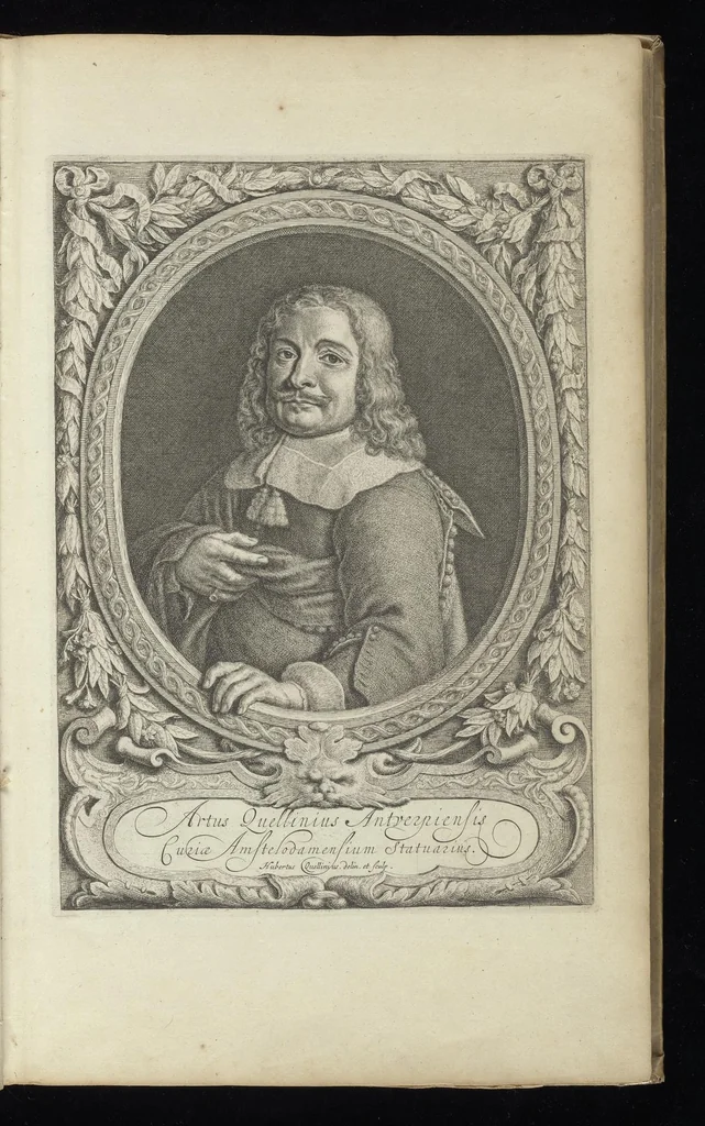 An illustration from Prima[-secunda] pars praecipuarum effigierum ac ornamentorum amplissimae curiae Amstelrodamensis : maiori ex parte, in candido marmore effectorum per Artum Quellinium, eiusdem civitatis statuarium = Het eerste[-tweede] deel van de voornaemste statuen ende ciraten vant konstrijck Stadthuys van Amstelredam ... = La premier [sic] partie de plusiers figures et ornements de la Maison de ville d'Amsterdam ..., 1665, leaf 6