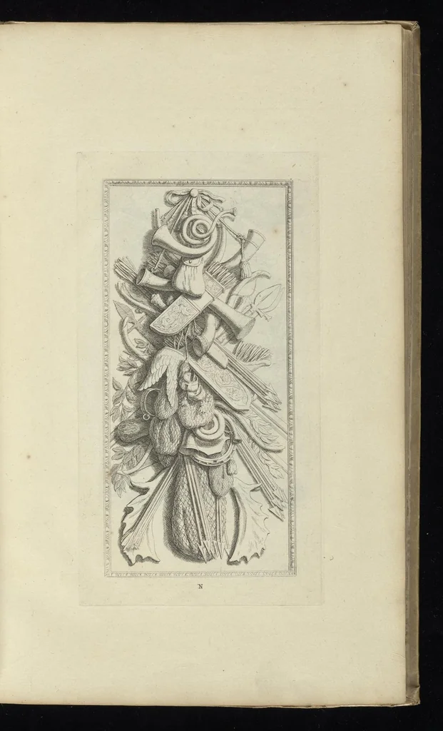 An illustration from Prima[-secunda] pars praecipuarum effigierum ac ornamentorum amplissimae curiae Amstelrodamensis : maiori ex parte, in candido marmore effectorum per Artum Quellinium, eiusdem civitatis statuarium = Het eerste[-tweede] deel van de voornaemste statuen ende ciraten vant konstrijck Stadthuys van Amstelredam ... = La premier [sic] partie de plusiers figures et ornements de la Maison de ville d'Amsterdam ..., 1665, leaf 60