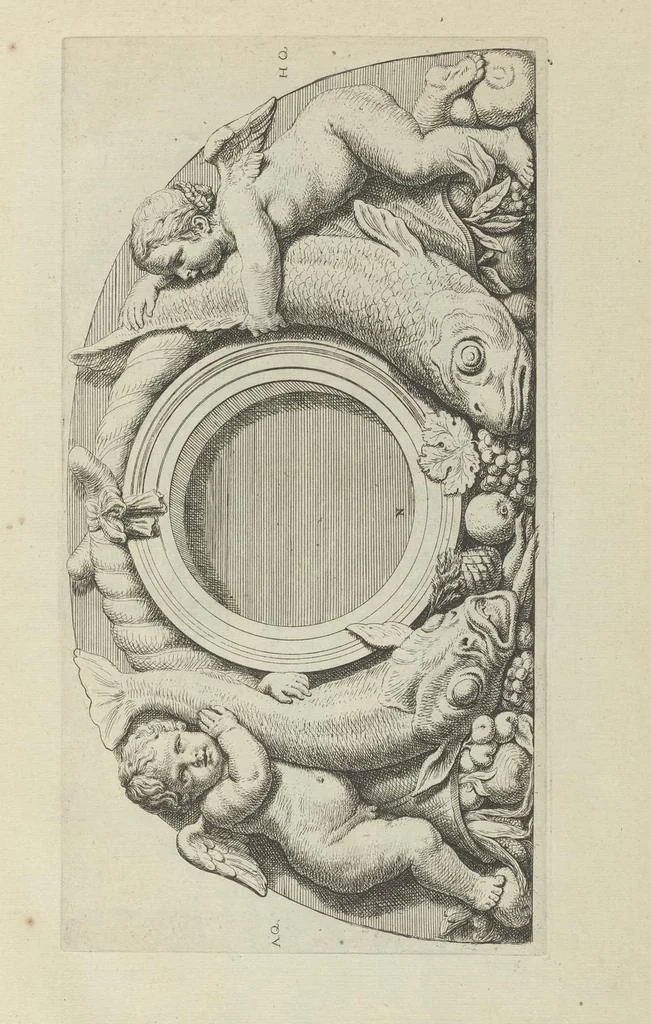 An illustration from Prima[-secunda] pars praecipuarum effigierum ac ornamentorum amplissimae curiae Amstelrodamensis : maiori ex parte, in candido marmore effectorum per Artum Quellinium, eiusdem civitatis statuarium = Het eerste[-tweede] deel van de voornaemste statuen ende ciraten vant konstrijck Stadthuys van Amstelredam ... = La premier [sic] partie de plusiers figures et ornements de la Maison de ville d'Amsterdam ..., 1665, leaf 66
