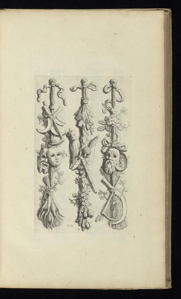 An illustration from Prima[-secunda] pars praecipuarum effigierum ac ornamentorum amplissimae curiae Amstelrodamensis : maiori ex parte, in candido marmore effectorum per Artum Quellinium, eiusdem civitatis statuarium = Het eerste[-tweede] deel van de voornaemste statuen ende ciraten vant konstrijck Stadthuys van Amstelredam ... = La premier [sic] partie de plusiers figures et ornements de la Maison de ville d'Amsterdam ..., 1665, leaf 72