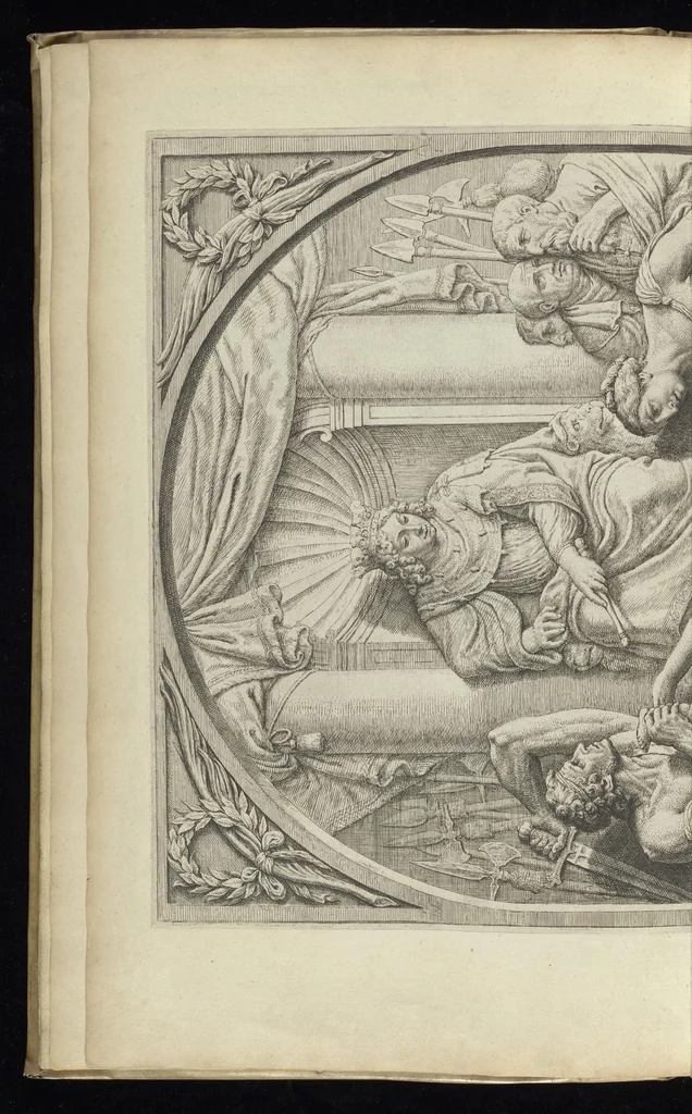 An illustration from Prima[-secunda] pars praecipuarum effigierum ac ornamentorum amplissimae curiae Amstelrodamensis : maiori ex parte, in candido marmore effectorum per Artum Quellinium, eiusdem civitatis statuarium = Het eerste[-tweede] deel van de voornaemste statuen ende ciraten vant konstrijck Stadthuys van Amstelredam ... = La premier [sic] partie de plusiers figures et ornements de la Maison de ville d'Amsterdam ..., 1665, leaf 9