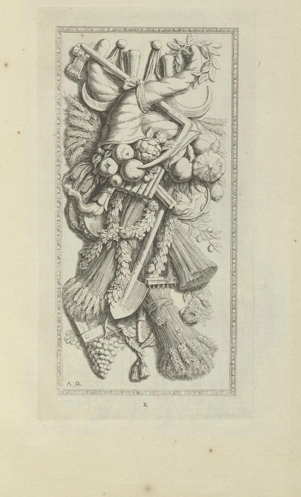 An illustration from Prima[-secunda] pars praecipuarum effigierum ac ornamentorum amplissimae curiae Amstelrodamensis : maiori ex parte, in candido marmore effectorum per Artum Quellinium, eiusdem civitatis statuarium = Het eerste[-tweede] deel van de voornaemste statuen ende ciraten vant konstrijck Stadthuys van Amstelredam ... = La premier [sic] partie de plusiers figures et ornements de la Maison de ville d'Amsterdam ..., 1665, leaf 90