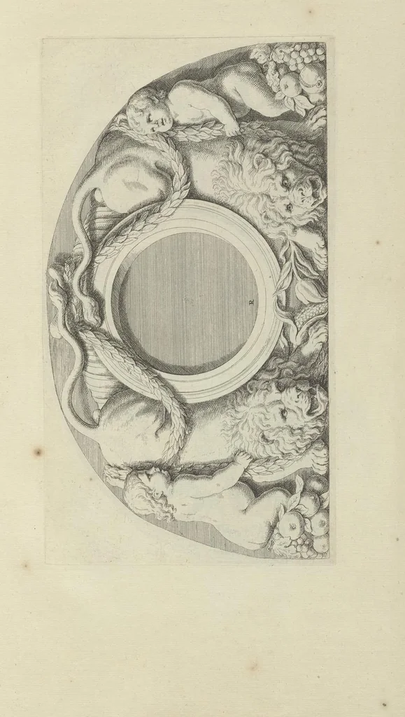 An illustration from Prima[-secunda] pars praecipuarum effigierum ac ornamentorum amplissimae curiae Amstelrodamensis : maiori ex parte, in candido marmore effectorum per Artum Quellinium, eiusdem civitatis statuarium = Het eerste[-tweede] deel van de voornaemste statuen ende ciraten vant konstrijck Stadthuys van Amstelredam ... = La premier [sic] partie de plusiers figures et ornements de la Maison de ville d'Amsterdam ..., 1665, leaf 96