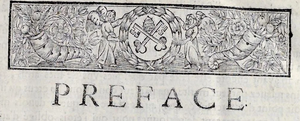 An illustration from Histoire de lábbaye royale de S. Ouen de Rouen : divisée en cinq livres, où il est traité ... de la naissance, éducation, & des principales vertus de saint Oüen ... : de la fondation, progrez, ruine, rétablissement, & des diuers éuenemens de l'Abbaye de Saint Oüen ... : des abbez qui l'ont gouuernée ... : des abbayes, prieurez, & paroisses qui ont esté dépendantes ... : des preuues ou pieces justificatiues de cette histoire ... : [ensemble celles des abbayes de Ste. Catherine et de St. Amand], 1662, leaf 14
