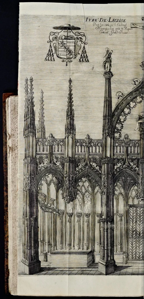 An illustration from Histoire de lábbaye royale de S. Ouen de Rouen : divisée en cinq livres, où il est traité ... de la naissance, éducation, & des principales vertus de saint Oüen ... : de la fondation, progrez, ruine, rétablissement, & des diuers éuenemens de l'Abbaye de Saint Oüen ... : des abbez qui l'ont gouuernée ... : des abbayes, prieurez, & paroisses qui ont esté dépendantes ... : des preuues ou pieces justificatiues de cette histoire ... : [ensemble celles des abbayes de Ste. Catherine et de St. Amand], 1662, leaf 217