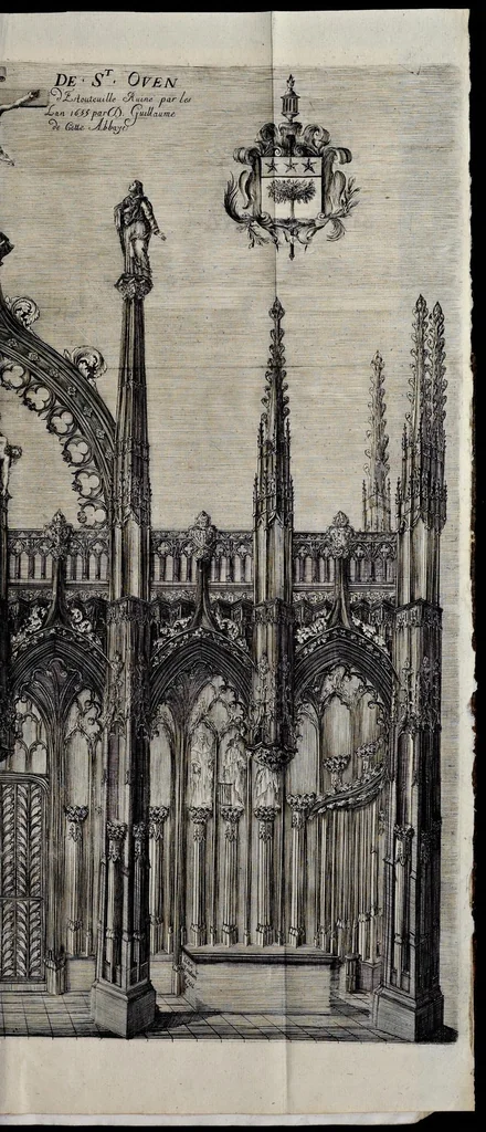 An illustration from Histoire de lábbaye royale de S. Ouen de Rouen : divisée en cinq livres, où il est traité ... de la naissance, éducation, & des principales vertus de saint Oüen ... : de la fondation, progrez, ruine, rétablissement, & des diuers éuenemens de l'Abbaye de Saint Oüen ... : des abbez qui l'ont gouuernée ... : des abbayes, prieurez, & paroisses qui ont esté dépendantes ... : des preuues ou pieces justificatiues de cette histoire ... : [ensemble celles des abbayes de Ste. Catherine et de St. Amand], 1662, leaf 218