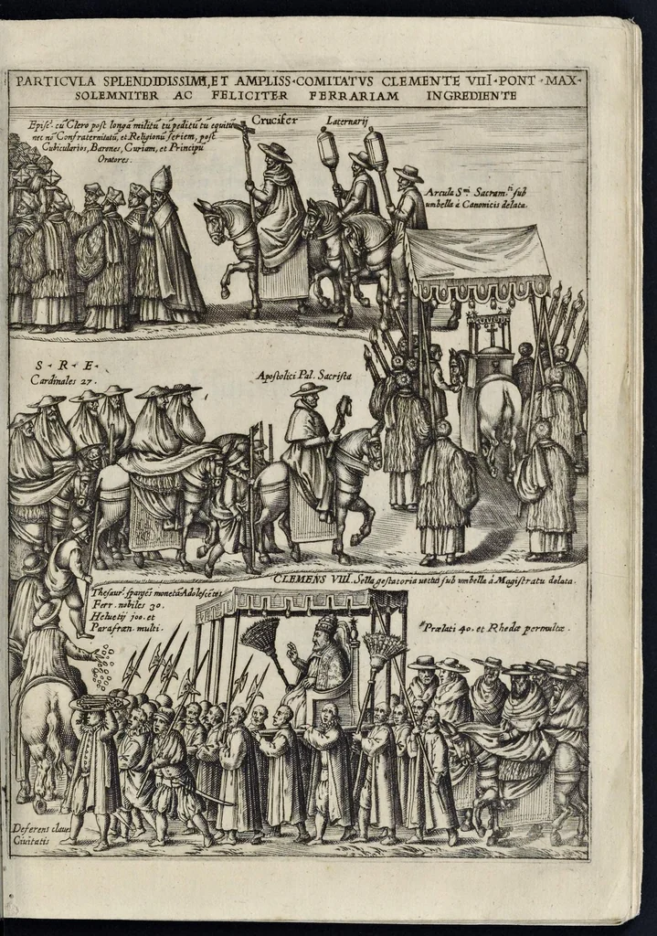An illustration from De sacrosancto Christi corpore Romanis Pontificibvs iter conficientibus præferendo commentarivs : antiquissimi ritus causam, & originem, variasq. summorum pontificum sacratissimam secum hostium in itinere deferentium profectiones : itinerarium Societatis Sanctissimi Sacramenti Clemente. VIII. Pont. Max. Ferarriam profisciente eiusdemq. Pontificis solemnem in eam ciuitatem ingressum et in Vrbem Romam reditum complectens, 1599, leaf 10