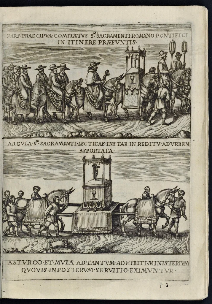 An illustration from De sacrosancto Christi corpore Romanis Pontificibvs iter conficientibus præferendo commentarivs : antiquissimi ritus causam, & originem, variasq. summorum pontificum sacratissimam secum hostium in itinere deferentium profectiones : itinerarium Societatis Sanctissimi Sacramenti Clemente. VIII. Pont. Max. Ferarriam profisciente eiusdemq. Pontificis solemnem in eam ciuitatem ingressum et in Vrbem Romam reditum complectens, 1599, leaf 8