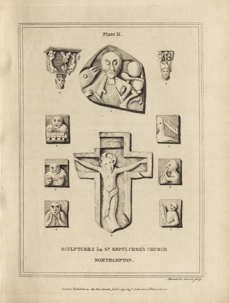 An illustration from The antiquaries museum : illustrating the antient architecture, painting, and sculpture of Great Britain, from the time of the Saxons to the introduction of the Grecian and Roman architecture by Inigo Jones in the reign of King James I., 1800, leaf 22