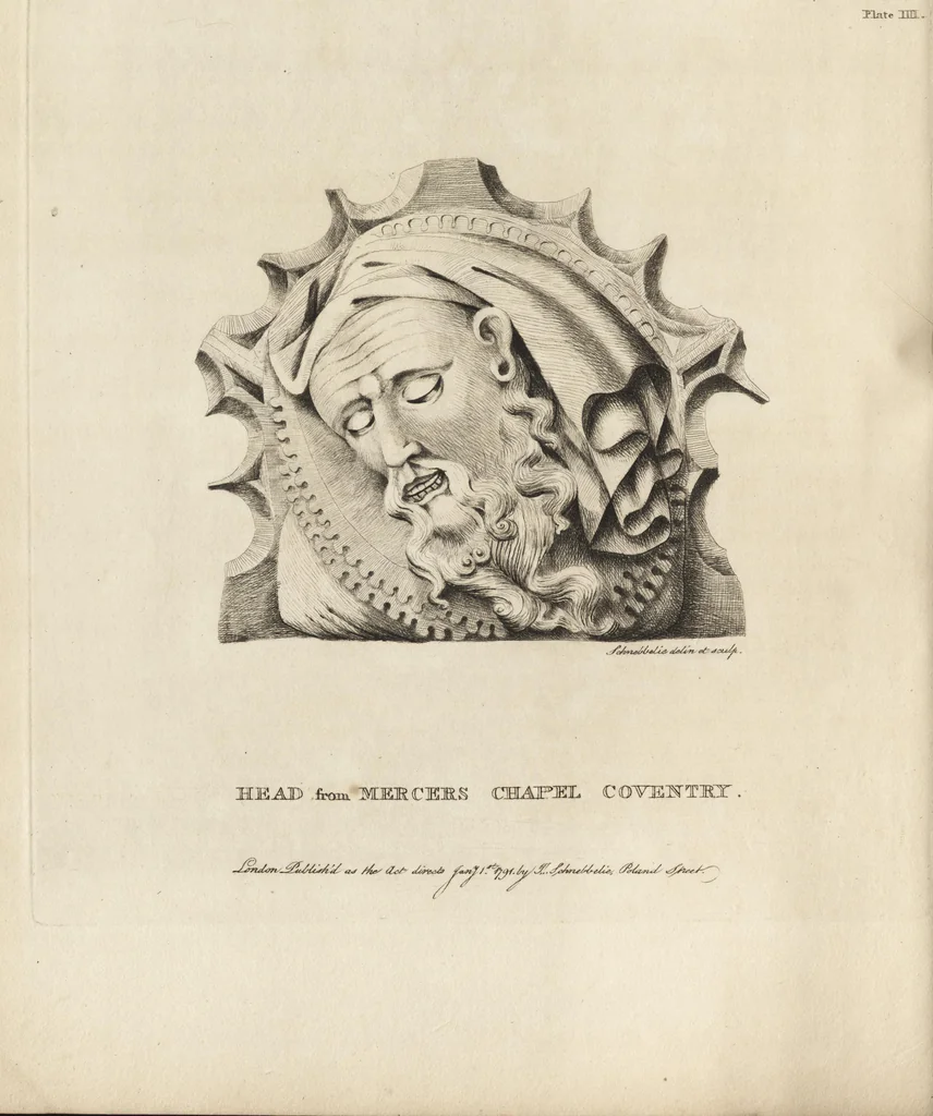 An illustration from The antiquaries museum : illustrating the antient architecture, painting, and sculpture of Great Britain, from the time of the Saxons to the introduction of the Grecian and Roman architecture by Inigo Jones in the reign of King James I., 1800, leaf 33