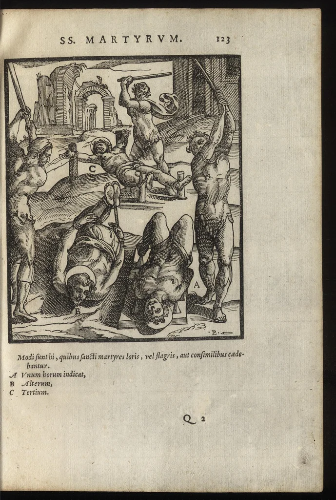 An illustration from De SS. martyrvm crvciatibvs Antonii Gallonii rom. Congregationis oratorii prebyteri liber : quo potissimum instrumenta & modi, quibus ijdem Christi martyres olim torquebantur, accuratissime tabellis expressa describuntur, 1594, leaf 138