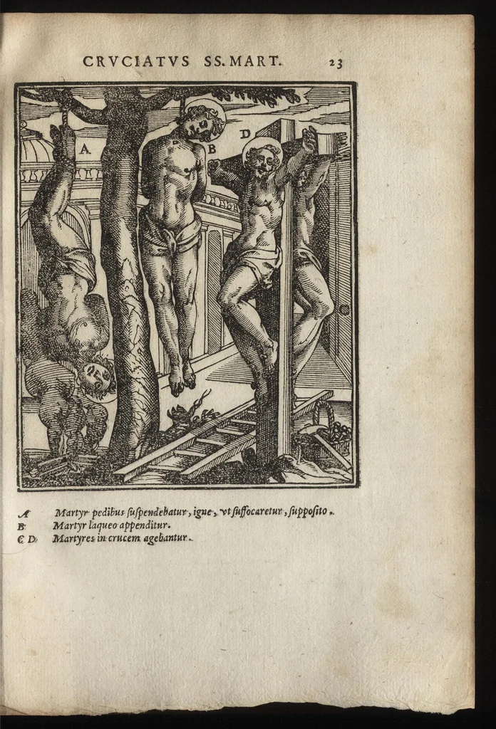 An illustration from De SS. martyrvm crvciatibvs Antonii Gallonii rom. Congregationis oratorii prebyteri liber : quo potissimum instrumenta & modi, quibus ijdem Christi martyres olim torquebantur, accuratissime tabellis expressa describuntur, 1594, leaf 38