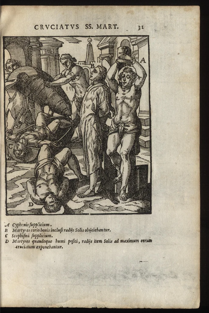 An illustration from De SS. martyrvm crvciatibvs Antonii Gallonii rom. Congregationis oratorii prebyteri liber : quo potissimum instrumenta & modi, quibus ijdem Christi martyres olim torquebantur, accuratissime tabellis expressa describuntur, 1594, leaf 46