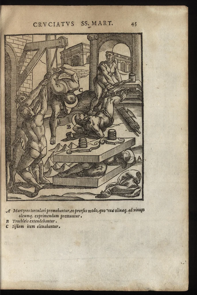 An illustration from De SS. martyrvm crvciatibvs Antonii Gallonii rom. Congregationis oratorii prebyteri liber : quo potissimum instrumenta & modi, quibus ijdem Christi martyres olim torquebantur, accuratissime tabellis expressa describuntur, 1594, leaf 60