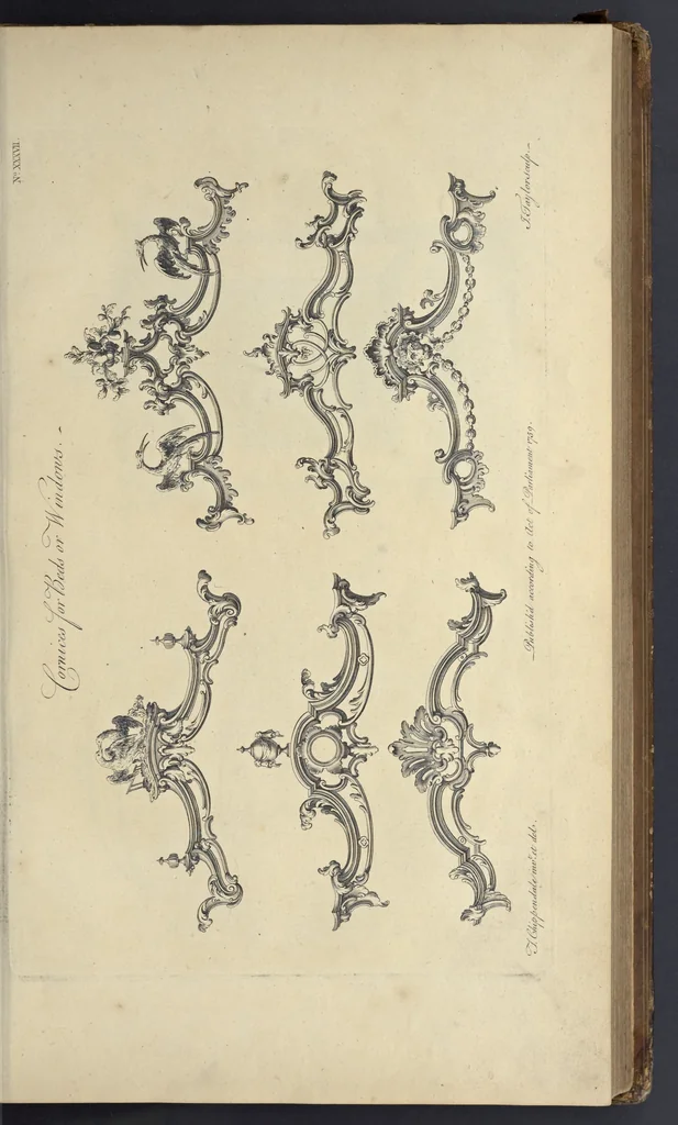 An illustration from The gentleman and cabinet-maker's director : being a large collection of the most elegant and useful designs of household furniture, in the most fashionable taste : including a great variety of chairs, cofas, beds, and couches : china-tables, dressing-tables, shaving-tables, bason-stands, and teakettle-stands : frames for marble-slabs, bureau-dressing-tables, and commodes : writing-tables, and library-tables : library-book-cases, organ-cases for private rooms, or churches, desks, and book-cases : dressing and writing-tables with book-cases, toilets, cabinets, and cloaths-presses : china-cases, china-shelves, and book-shelves : candle-stands, terms for busts, stands for china jars, and pedestals : cisterns for water, lanthorns, and chandeliers : fire-screens, brackets, and clock-cases : pier-glasses, and table-frames : girandoles, chimney-pieces, and picture-frames : stove-grates, boarders, frets, Chinese-railing, and brass-work, for furniture : and other ornaments : to which is prefixed, a short explanation of the five orders of architecture : with proper directions for executing the most difficult pieces, the mouldings being exhibited at large, and the dimensions of each design specified : the whole comprehended in two hundred copper-plates, neatly engraved ..., 1762, leaf 100