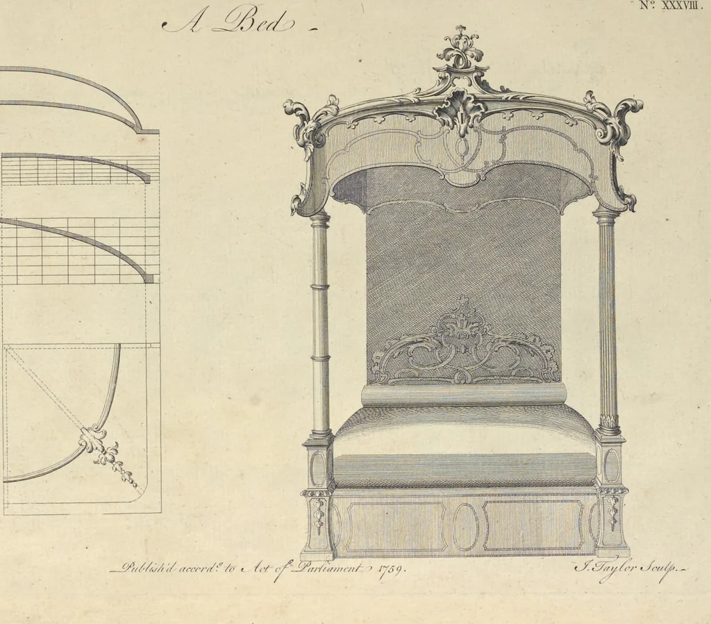 An illustration from The gentleman and cabinet-maker's director : being a large collection of the most elegant and useful designs of household furniture, in the most fashionable taste : including a great variety of chairs, cofas, beds, and couches : china-tables, dressing-tables, shaving-tables, bason-stands, and teakettle-stands : frames for marble-slabs, bureau-dressing-tables, and commodes : writing-tables, and library-tables : library-book-cases, organ-cases for private rooms, or churches, desks, and book-cases : dressing and writing-tables with book-cases, toilets, cabinets, and cloaths-presses : china-cases, china-shelves, and book-shelves : candle-stands, terms for busts, stands for china jars, and pedestals : cisterns for water, lanthorns, and chandeliers : fire-screens, brackets, and clock-cases : pier-glasses, and table-frames : girandoles, chimney-pieces, and picture-frames : stove-grates, boarders, frets, Chinese-railing, and brass-work, for furniture : and other ornaments : to which is prefixed, a short explanation of the five orders of architecture : with proper directions for executing the most difficult pieces, the mouldings being exhibited at large, and the dimensions of each design specified : the whole comprehended in two hundred copper-plates, neatly engraved ..., 1762, leaf 102