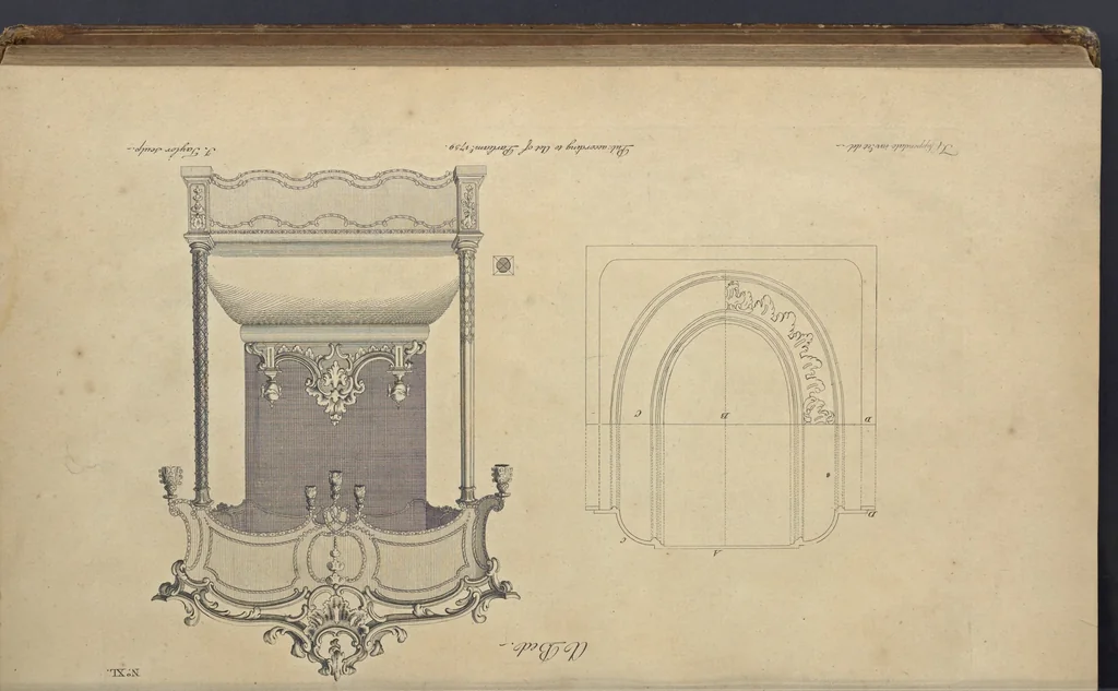 An illustration from The gentleman and cabinet-maker's director : being a large collection of the most elegant and useful designs of household furniture, in the most fashionable taste : including a great variety of chairs, cofas, beds, and couches : china-tables, dressing-tables, shaving-tables, bason-stands, and teakettle-stands : frames for marble-slabs, bureau-dressing-tables, and commodes : writing-tables, and library-tables : library-book-cases, organ-cases for private rooms, or churches, desks, and book-cases : dressing and writing-tables with book-cases, toilets, cabinets, and cloaths-presses : china-cases, china-shelves, and book-shelves : candle-stands, terms for busts, stands for china jars, and pedestals : cisterns for water, lanthorns, and chandeliers : fire-screens, brackets, and clock-cases : pier-glasses, and table-frames : girandoles, chimney-pieces, and picture-frames : stove-grates, boarders, frets, Chinese-railing, and brass-work, for furniture : and other ornaments : to which is prefixed, a short explanation of the five orders of architecture : with proper directions for executing the most difficult pieces, the mouldings being exhibited at large, and the dimensions of each design specified : the whole comprehended in two hundred copper-plates, neatly engraved ..., 1762, leaf 106