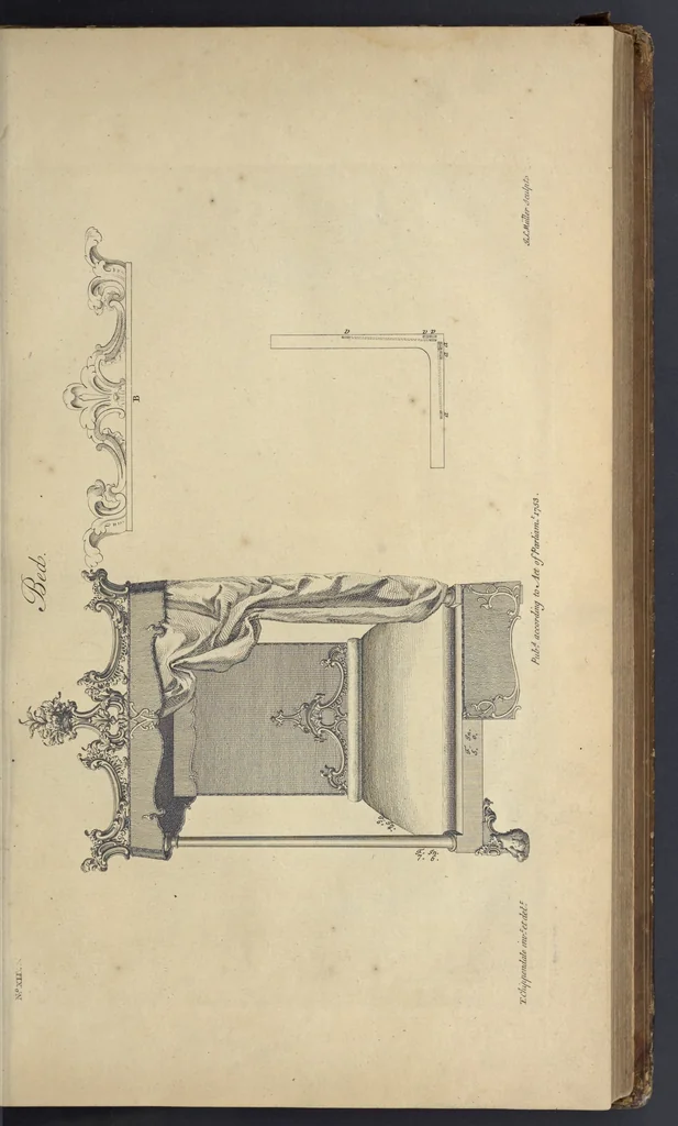 An illustration from The gentleman and cabinet-maker's director : being a large collection of the most elegant and useful designs of household furniture, in the most fashionable taste : including a great variety of chairs, cofas, beds, and couches : china-tables, dressing-tables, shaving-tables, bason-stands, and teakettle-stands : frames for marble-slabs, bureau-dressing-tables, and commodes : writing-tables, and library-tables : library-book-cases, organ-cases for private rooms, or churches, desks, and book-cases : dressing and writing-tables with book-cases, toilets, cabinets, and cloaths-presses : china-cases, china-shelves, and book-shelves : candle-stands, terms for busts, stands for china jars, and pedestals : cisterns for water, lanthorns, and chandeliers : fire-screens, brackets, and clock-cases : pier-glasses, and table-frames : girandoles, chimney-pieces, and picture-frames : stove-grates, boarders, frets, Chinese-railing, and brass-work, for furniture : and other ornaments : to which is prefixed, a short explanation of the five orders of architecture : with proper directions for executing the most difficult pieces, the mouldings being exhibited at large, and the dimensions of each design specified : the whole comprehended in two hundred copper-plates, neatly engraved ..., 1762, leaf 108