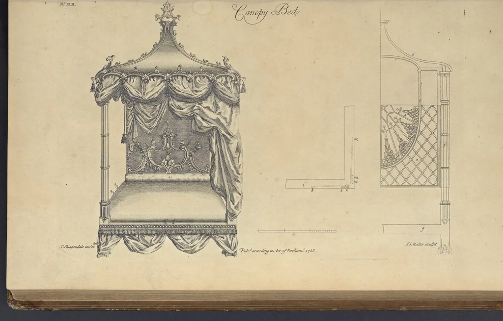 An illustration from The gentleman and cabinet-maker's director : being a large collection of the most elegant and useful designs of household furniture, in the most fashionable taste : including a great variety of chairs, cofas, beds, and couches : china-tables, dressing-tables, shaving-tables, bason-stands, and teakettle-stands : frames for marble-slabs, bureau-dressing-tables, and commodes : writing-tables, and library-tables : library-book-cases, organ-cases for private rooms, or churches, desks, and book-cases : dressing and writing-tables with book-cases, toilets, cabinets, and cloaths-presses : china-cases, china-shelves, and book-shelves : candle-stands, terms for busts, stands for china jars, and pedestals : cisterns for water, lanthorns, and chandeliers : fire-screens, brackets, and clock-cases : pier-glasses, and table-frames : girandoles, chimney-pieces, and picture-frames : stove-grates, boarders, frets, Chinese-railing, and brass-work, for furniture : and other ornaments : to which is prefixed, a short explanation of the five orders of architecture : with proper directions for executing the most difficult pieces, the mouldings being exhibited at large, and the dimensions of each design specified : the whole comprehended in two hundred copper-plates, neatly engraved ..., 1762, leaf 110