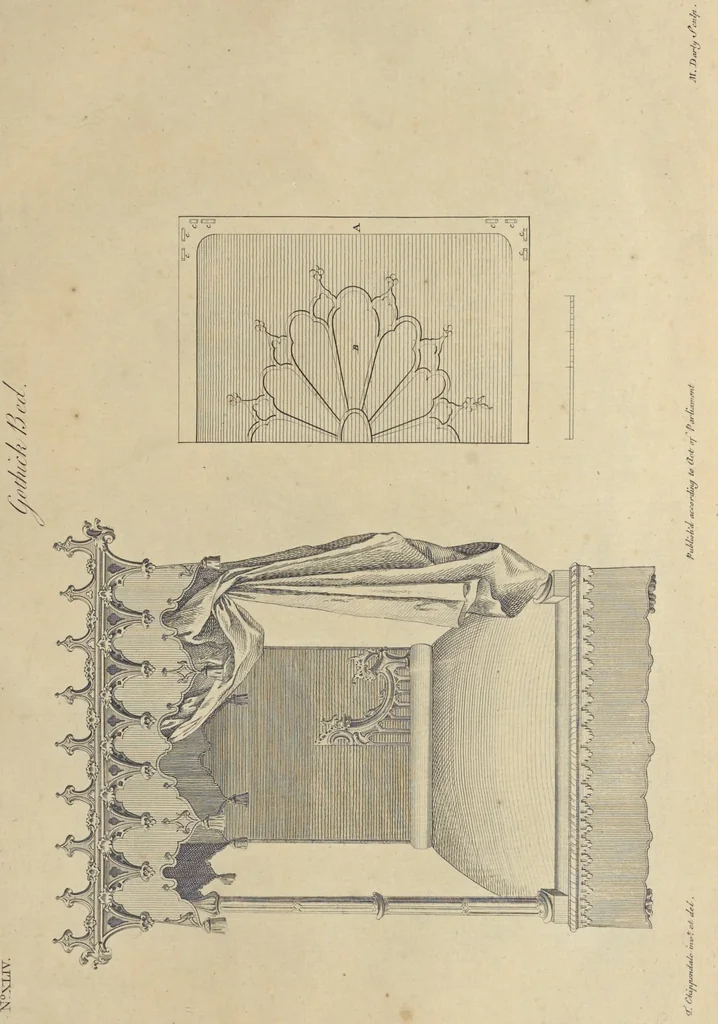 An illustration from The gentleman and cabinet-maker's director : being a large collection of the most elegant and useful designs of household furniture, in the most fashionable taste : including a great variety of chairs, cofas, beds, and couches : china-tables, dressing-tables, shaving-tables, bason-stands, and teakettle-stands : frames for marble-slabs, bureau-dressing-tables, and commodes : writing-tables, and library-tables : library-book-cases, organ-cases for private rooms, or churches, desks, and book-cases : dressing and writing-tables with book-cases, toilets, cabinets, and cloaths-presses : china-cases, china-shelves, and book-shelves : candle-stands, terms for busts, stands for china jars, and pedestals : cisterns for water, lanthorns, and chandeliers : fire-screens, brackets, and clock-cases : pier-glasses, and table-frames : girandoles, chimney-pieces, and picture-frames : stove-grates, boarders, frets, Chinese-railing, and brass-work, for furniture : and other ornaments : to which is prefixed, a short explanation of the five orders of architecture : with proper directions for executing the most difficult pieces, the mouldings being exhibited at large, and the dimensions of each design specified : the whole comprehended in two hundred copper-plates, neatly engraved ..., 1762, leaf 114