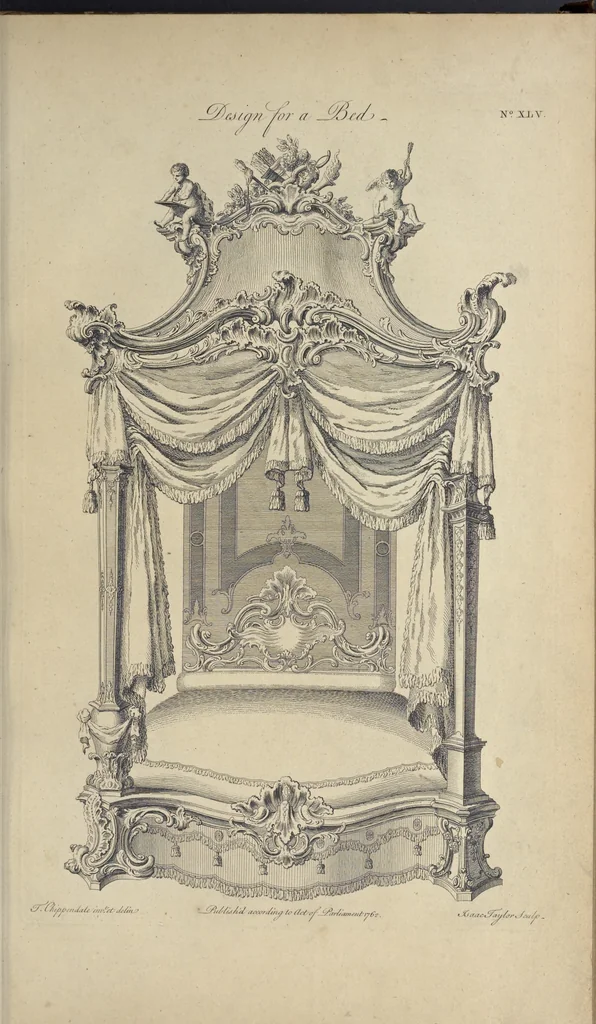 An illustration from The gentleman and cabinet-maker's director : being a large collection of the most elegant and useful designs of household furniture, in the most fashionable taste : including a great variety of chairs, cofas, beds, and couches : china-tables, dressing-tables, shaving-tables, bason-stands, and teakettle-stands : frames for marble-slabs, bureau-dressing-tables, and commodes : writing-tables, and library-tables : library-book-cases, organ-cases for private rooms, or churches, desks, and book-cases : dressing and writing-tables with book-cases, toilets, cabinets, and cloaths-presses : china-cases, china-shelves, and book-shelves : candle-stands, terms for busts, stands for china jars, and pedestals : cisterns for water, lanthorns, and chandeliers : fire-screens, brackets, and clock-cases : pier-glasses, and table-frames : girandoles, chimney-pieces, and picture-frames : stove-grates, boarders, frets, Chinese-railing, and brass-work, for furniture : and other ornaments : to which is prefixed, a short explanation of the five orders of architecture : with proper directions for executing the most difficult pieces, the mouldings being exhibited at large, and the dimensions of each design specified : the whole comprehended in two hundred copper-plates, neatly engraved ..., 1762, leaf 116