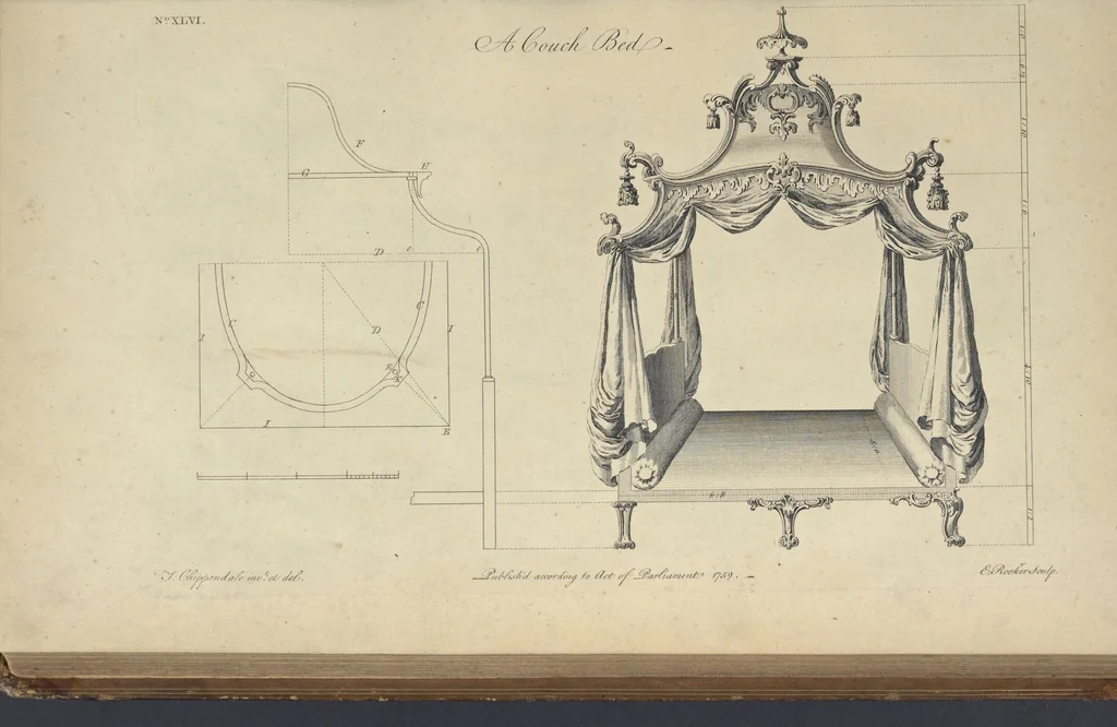 An illustration from The gentleman and cabinet-maker's director : being a large collection of the most elegant and useful designs of household furniture, in the most fashionable taste : including a great variety of chairs, cofas, beds, and couches : china-tables, dressing-tables, shaving-tables, bason-stands, and teakettle-stands : frames for marble-slabs, bureau-dressing-tables, and commodes : writing-tables, and library-tables : library-book-cases, organ-cases for private rooms, or churches, desks, and book-cases : dressing and writing-tables with book-cases, toilets, cabinets, and cloaths-presses : china-cases, china-shelves, and book-shelves : candle-stands, terms for busts, stands for china jars, and pedestals : cisterns for water, lanthorns, and chandeliers : fire-screens, brackets, and clock-cases : pier-glasses, and table-frames : girandoles, chimney-pieces, and picture-frames : stove-grates, boarders, frets, Chinese-railing, and brass-work, for furniture : and other ornaments : to which is prefixed, a short explanation of the five orders of architecture : with proper directions for executing the most difficult pieces, the mouldings being exhibited at large, and the dimensions of each design specified : the whole comprehended in two hundred copper-plates, neatly engraved ..., 1762, leaf 118