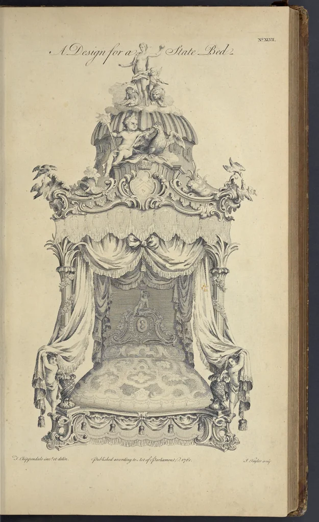 An illustration from The gentleman and cabinet-maker's director : being a large collection of the most elegant and useful designs of household furniture, in the most fashionable taste : including a great variety of chairs, cofas, beds, and couches : china-tables, dressing-tables, shaving-tables, bason-stands, and teakettle-stands : frames for marble-slabs, bureau-dressing-tables, and commodes : writing-tables, and library-tables : library-book-cases, organ-cases for private rooms, or churches, desks, and book-cases : dressing and writing-tables with book-cases, toilets, cabinets, and cloaths-presses : china-cases, china-shelves, and book-shelves : candle-stands, terms for busts, stands for china jars, and pedestals : cisterns for water, lanthorns, and chandeliers : fire-screens, brackets, and clock-cases : pier-glasses, and table-frames : girandoles, chimney-pieces, and picture-frames : stove-grates, boarders, frets, Chinese-railing, and brass-work, for furniture : and other ornaments : to which is prefixed, a short explanation of the five orders of architecture : with proper directions for executing the most difficult pieces, the mouldings being exhibited at large, and the dimensions of each design specified : the whole comprehended in two hundred copper-plates, neatly engraved ..., 1762, leaf 120