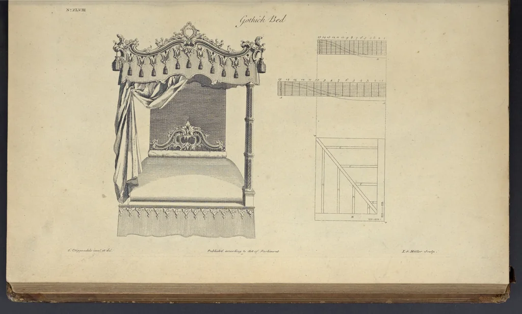 An illustration from The gentleman and cabinet-maker's director : being a large collection of the most elegant and useful designs of household furniture, in the most fashionable taste : including a great variety of chairs, cofas, beds, and couches : china-tables, dressing-tables, shaving-tables, bason-stands, and teakettle-stands : frames for marble-slabs, bureau-dressing-tables, and commodes : writing-tables, and library-tables : library-book-cases, organ-cases for private rooms, or churches, desks, and book-cases : dressing and writing-tables with book-cases, toilets, cabinets, and cloaths-presses : china-cases, china-shelves, and book-shelves : candle-stands, terms for busts, stands for china jars, and pedestals : cisterns for water, lanthorns, and chandeliers : fire-screens, brackets, and clock-cases : pier-glasses, and table-frames : girandoles, chimney-pieces, and picture-frames : stove-grates, boarders, frets, Chinese-railing, and brass-work, for furniture : and other ornaments : to which is prefixed, a short explanation of the five orders of architecture : with proper directions for executing the most difficult pieces, the mouldings being exhibited at large, and the dimensions of each design specified : the whole comprehended in two hundred copper-plates, neatly engraved ..., 1762, leaf 122