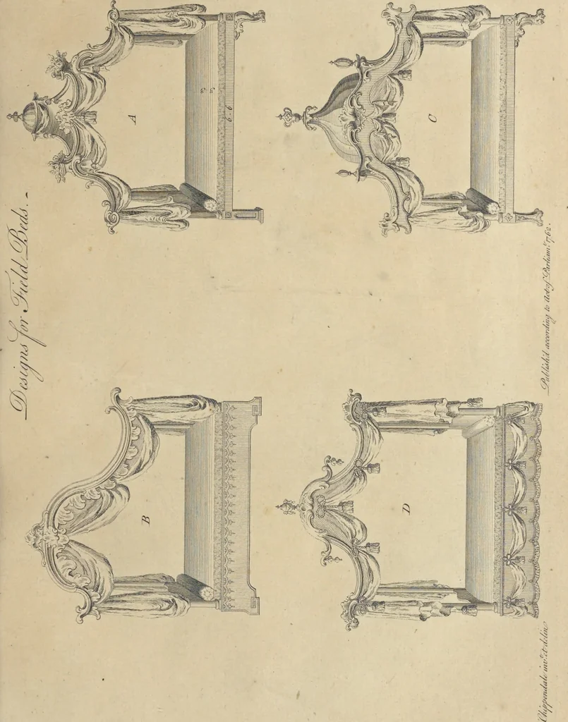 An illustration from The gentleman and cabinet-maker's director : being a large collection of the most elegant and useful designs of household furniture, in the most fashionable taste : including a great variety of chairs, cofas, beds, and couches : china-tables, dressing-tables, shaving-tables, bason-stands, and teakettle-stands : frames for marble-slabs, bureau-dressing-tables, and commodes : writing-tables, and library-tables : library-book-cases, organ-cases for private rooms, or churches, desks, and book-cases : dressing and writing-tables with book-cases, toilets, cabinets, and cloaths-presses : china-cases, china-shelves, and book-shelves : candle-stands, terms for busts, stands for china jars, and pedestals : cisterns for water, lanthorns, and chandeliers : fire-screens, brackets, and clock-cases : pier-glasses, and table-frames : girandoles, chimney-pieces, and picture-frames : stove-grates, boarders, frets, Chinese-railing, and brass-work, for furniture : and other ornaments : to which is prefixed, a short explanation of the five orders of architecture : with proper directions for executing the most difficult pieces, the mouldings being exhibited at large, and the dimensions of each design specified : the whole comprehended in two hundred copper-plates, neatly engraved ..., 1762, leaf 124