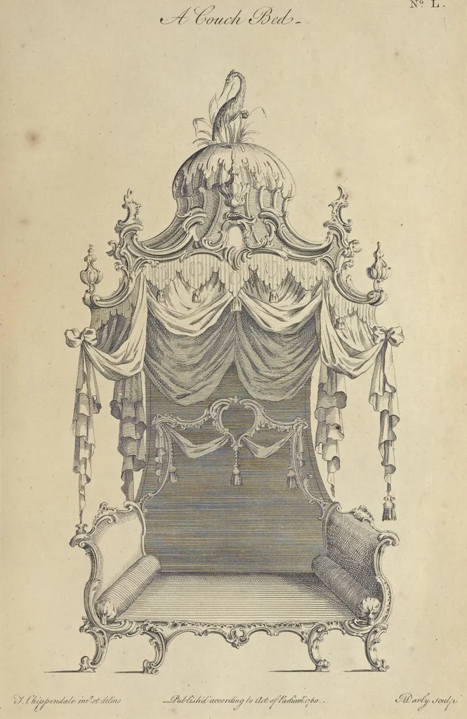 An illustration from The gentleman and cabinet-maker's director : being a large collection of the most elegant and useful designs of household furniture, in the most fashionable taste : including a great variety of chairs, cofas, beds, and couches : china-tables, dressing-tables, shaving-tables, bason-stands, and teakettle-stands : frames for marble-slabs, bureau-dressing-tables, and commodes : writing-tables, and library-tables : library-book-cases, organ-cases for private rooms, or churches, desks, and book-cases : dressing and writing-tables with book-cases, toilets, cabinets, and cloaths-presses : china-cases, china-shelves, and book-shelves : candle-stands, terms for busts, stands for china jars, and pedestals : cisterns for water, lanthorns, and chandeliers : fire-screens, brackets, and clock-cases : pier-glasses, and table-frames : girandoles, chimney-pieces, and picture-frames : stove-grates, boarders, frets, Chinese-railing, and brass-work, for furniture : and other ornaments : to which is prefixed, a short explanation of the five orders of architecture : with proper directions for executing the most difficult pieces, the mouldings being exhibited at large, and the dimensions of each design specified : the whole comprehended in two hundred copper-plates, neatly engraved ..., 1762, leaf 126