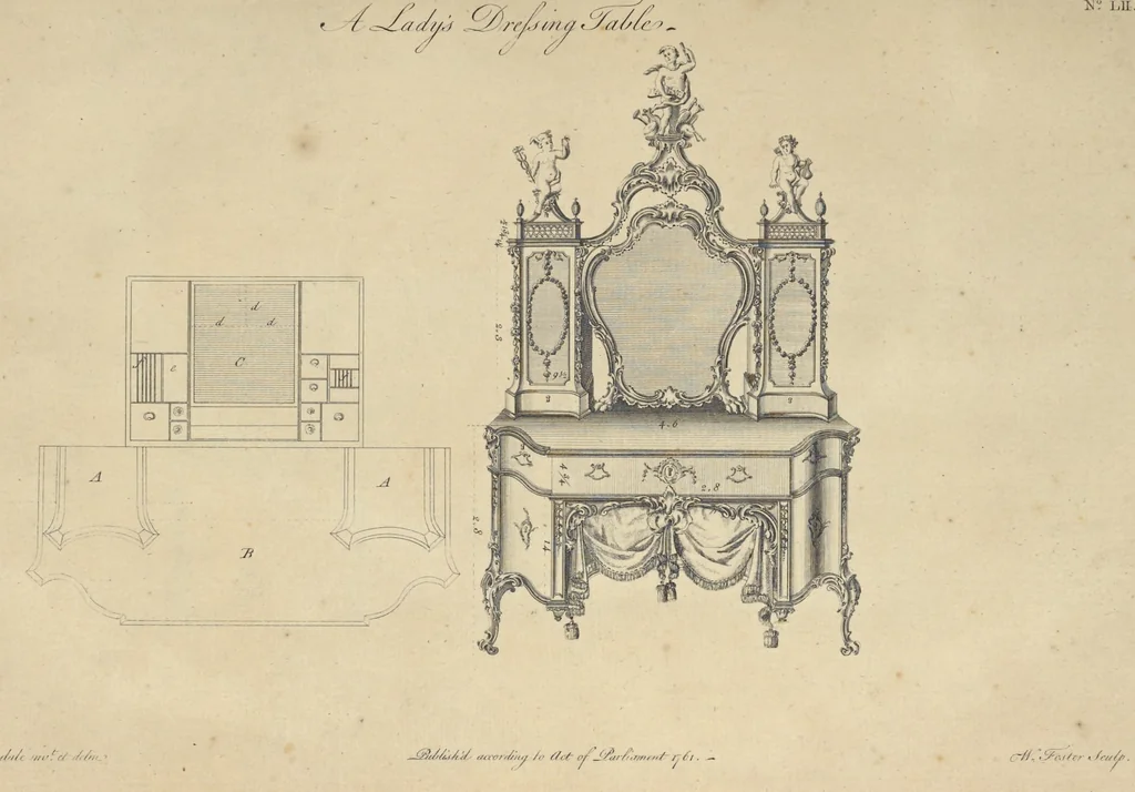 An illustration from The gentleman and cabinet-maker's director : being a large collection of the most elegant and useful designs of household furniture, in the most fashionable taste : including a great variety of chairs, cofas, beds, and couches : china-tables, dressing-tables, shaving-tables, bason-stands, and teakettle-stands : frames for marble-slabs, bureau-dressing-tables, and commodes : writing-tables, and library-tables : library-book-cases, organ-cases for private rooms, or churches, desks, and book-cases : dressing and writing-tables with book-cases, toilets, cabinets, and cloaths-presses : china-cases, china-shelves, and book-shelves : candle-stands, terms for busts, stands for china jars, and pedestals : cisterns for water, lanthorns, and chandeliers : fire-screens, brackets, and clock-cases : pier-glasses, and table-frames : girandoles, chimney-pieces, and picture-frames : stove-grates, boarders, frets, Chinese-railing, and brass-work, for furniture : and other ornaments : to which is prefixed, a short explanation of the five orders of architecture : with proper directions for executing the most difficult pieces, the mouldings being exhibited at large, and the dimensions of each design specified : the whole comprehended in two hundred copper-plates, neatly engraved ..., 1762, leaf 130