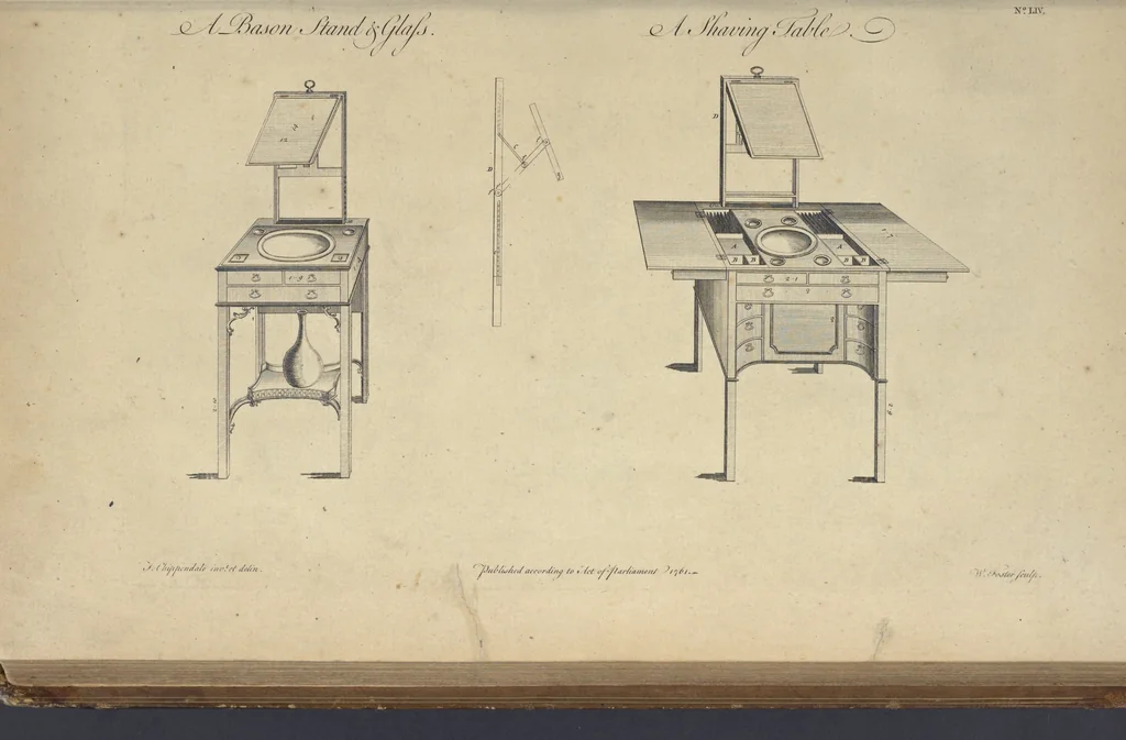 An illustration from The gentleman and cabinet-maker's director : being a large collection of the most elegant and useful designs of household furniture, in the most fashionable taste : including a great variety of chairs, cofas, beds, and couches : china-tables, dressing-tables, shaving-tables, bason-stands, and teakettle-stands : frames for marble-slabs, bureau-dressing-tables, and commodes : writing-tables, and library-tables : library-book-cases, organ-cases for private rooms, or churches, desks, and book-cases : dressing and writing-tables with book-cases, toilets, cabinets, and cloaths-presses : china-cases, china-shelves, and book-shelves : candle-stands, terms for busts, stands for china jars, and pedestals : cisterns for water, lanthorns, and chandeliers : fire-screens, brackets, and clock-cases : pier-glasses, and table-frames : girandoles, chimney-pieces, and picture-frames : stove-grates, boarders, frets, Chinese-railing, and brass-work, for furniture : and other ornaments : to which is prefixed, a short explanation of the five orders of architecture : with proper directions for executing the most difficult pieces, the mouldings being exhibited at large, and the dimensions of each design specified : the whole comprehended in two hundred copper-plates, neatly engraved ..., 1762, leaf 134