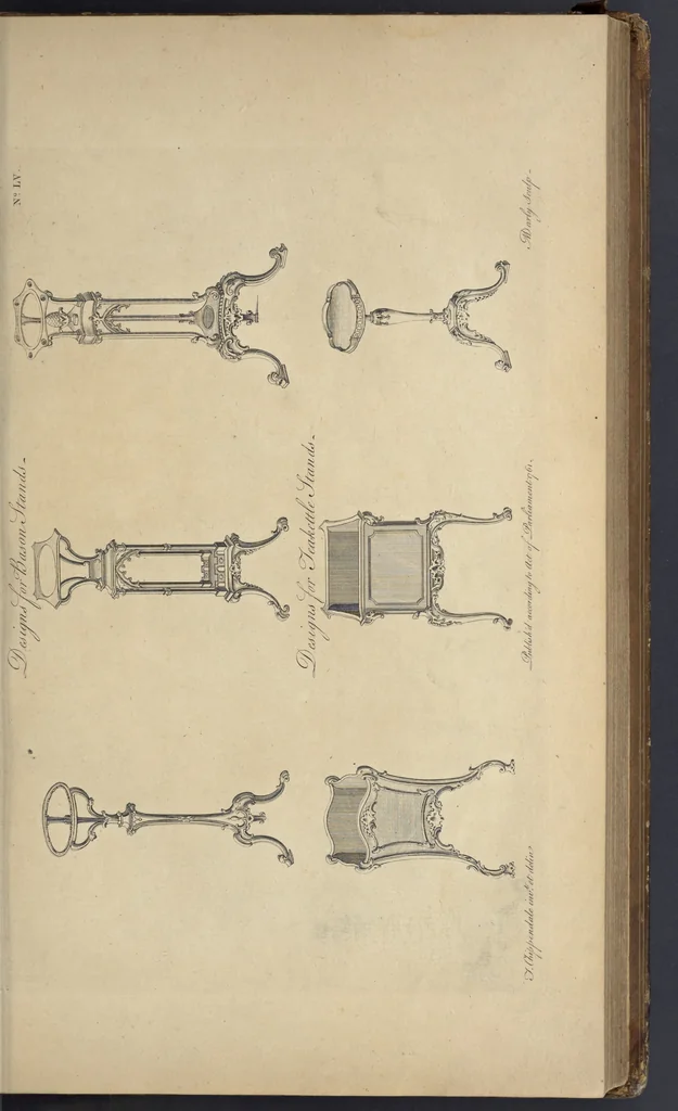 An illustration from The gentleman and cabinet-maker's director : being a large collection of the most elegant and useful designs of household furniture, in the most fashionable taste : including a great variety of chairs, cofas, beds, and couches : china-tables, dressing-tables, shaving-tables, bason-stands, and teakettle-stands : frames for marble-slabs, bureau-dressing-tables, and commodes : writing-tables, and library-tables : library-book-cases, organ-cases for private rooms, or churches, desks, and book-cases : dressing and writing-tables with book-cases, toilets, cabinets, and cloaths-presses : china-cases, china-shelves, and book-shelves : candle-stands, terms for busts, stands for china jars, and pedestals : cisterns for water, lanthorns, and chandeliers : fire-screens, brackets, and clock-cases : pier-glasses, and table-frames : girandoles, chimney-pieces, and picture-frames : stove-grates, boarders, frets, Chinese-railing, and brass-work, for furniture : and other ornaments : to which is prefixed, a short explanation of the five orders of architecture : with proper directions for executing the most difficult pieces, the mouldings being exhibited at large, and the dimensions of each design specified : the whole comprehended in two hundred copper-plates, neatly engraved ..., 1762, leaf 136