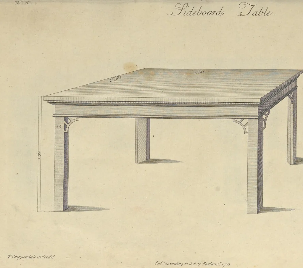 An illustration from The gentleman and cabinet-maker's director : being a large collection of the most elegant and useful designs of household furniture, in the most fashionable taste : including a great variety of chairs, cofas, beds, and couches : china-tables, dressing-tables, shaving-tables, bason-stands, and teakettle-stands : frames for marble-slabs, bureau-dressing-tables, and commodes : writing-tables, and library-tables : library-book-cases, organ-cases for private rooms, or churches, desks, and book-cases : dressing and writing-tables with book-cases, toilets, cabinets, and cloaths-presses : china-cases, china-shelves, and book-shelves : candle-stands, terms for busts, stands for china jars, and pedestals : cisterns for water, lanthorns, and chandeliers : fire-screens, brackets, and clock-cases : pier-glasses, and table-frames : girandoles, chimney-pieces, and picture-frames : stove-grates, boarders, frets, Chinese-railing, and brass-work, for furniture : and other ornaments : to which is prefixed, a short explanation of the five orders of architecture : with proper directions for executing the most difficult pieces, the mouldings being exhibited at large, and the dimensions of each design specified : the whole comprehended in two hundred copper-plates, neatly engraved ..., 1762, leaf 138
