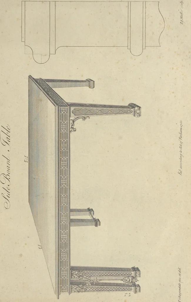 An illustration from The gentleman and cabinet-maker's director : being a large collection of the most elegant and useful designs of household furniture, in the most fashionable taste : including a great variety of chairs, cofas, beds, and couches : china-tables, dressing-tables, shaving-tables, bason-stands, and teakettle-stands : frames for marble-slabs, bureau-dressing-tables, and commodes : writing-tables, and library-tables : library-book-cases, organ-cases for private rooms, or churches, desks, and book-cases : dressing and writing-tables with book-cases, toilets, cabinets, and cloaths-presses : china-cases, china-shelves, and book-shelves : candle-stands, terms for busts, stands for china jars, and pedestals : cisterns for water, lanthorns, and chandeliers : fire-screens, brackets, and clock-cases : pier-glasses, and table-frames : girandoles, chimney-pieces, and picture-frames : stove-grates, boarders, frets, Chinese-railing, and brass-work, for furniture : and other ornaments : to which is prefixed, a short explanation of the five orders of architecture : with proper directions for executing the most difficult pieces, the mouldings being exhibited at large, and the dimensions of each design specified : the whole comprehended in two hundred copper-plates, neatly engraved ..., 1762, leaf 142