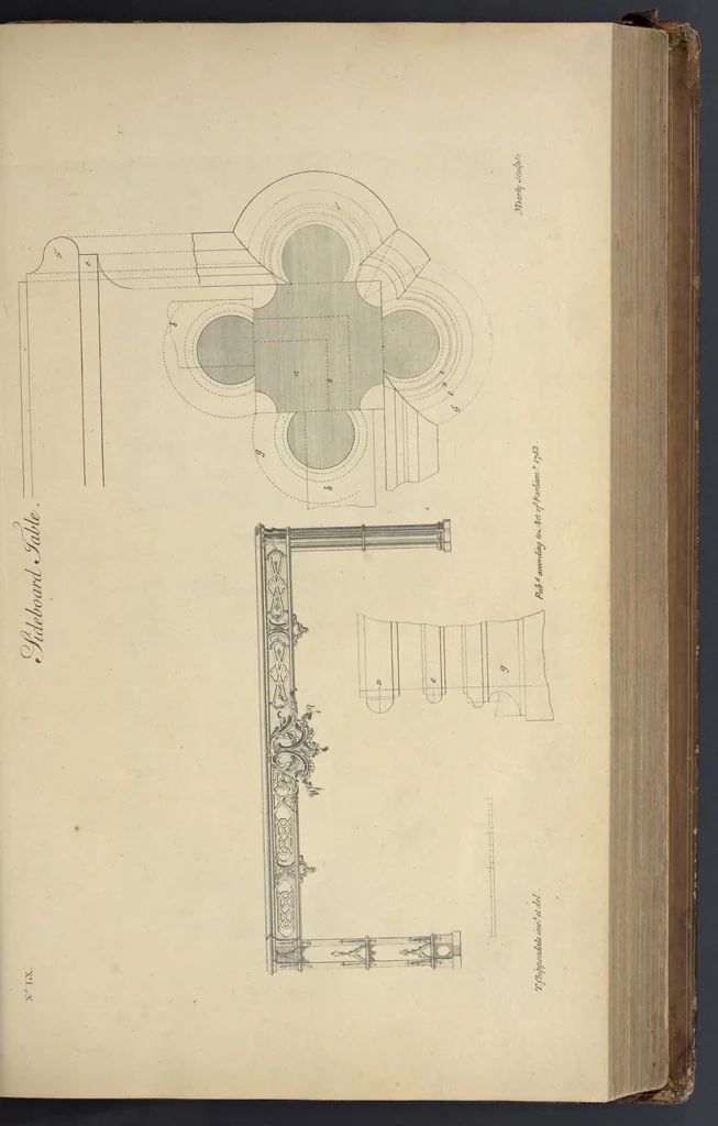 An illustration from The gentleman and cabinet-maker's director : being a large collection of the most elegant and useful designs of household furniture, in the most fashionable taste : including a great variety of chairs, cofas, beds, and couches : china-tables, dressing-tables, shaving-tables, bason-stands, and teakettle-stands : frames for marble-slabs, bureau-dressing-tables, and commodes : writing-tables, and library-tables : library-book-cases, organ-cases for private rooms, or churches, desks, and book-cases : dressing and writing-tables with book-cases, toilets, cabinets, and cloaths-presses : china-cases, china-shelves, and book-shelves : candle-stands, terms for busts, stands for china jars, and pedestals : cisterns for water, lanthorns, and chandeliers : fire-screens, brackets, and clock-cases : pier-glasses, and table-frames : girandoles, chimney-pieces, and picture-frames : stove-grates, boarders, frets, Chinese-railing, and brass-work, for furniture : and other ornaments : to which is prefixed, a short explanation of the five orders of architecture : with proper directions for executing the most difficult pieces, the mouldings being exhibited at large, and the dimensions of each design specified : the whole comprehended in two hundred copper-plates, neatly engraved ..., 1762, leaf 146