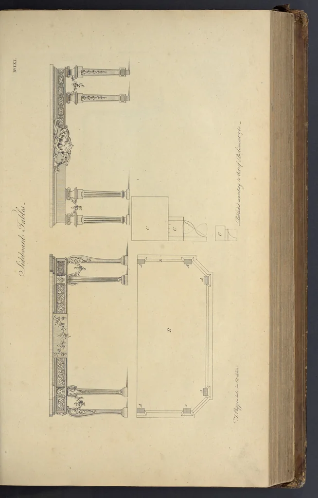 An illustration from The gentleman and cabinet-maker's director : being a large collection of the most elegant and useful designs of household furniture, in the most fashionable taste : including a great variety of chairs, cofas, beds, and couches : china-tables, dressing-tables, shaving-tables, bason-stands, and teakettle-stands : frames for marble-slabs, bureau-dressing-tables, and commodes : writing-tables, and library-tables : library-book-cases, organ-cases for private rooms, or churches, desks, and book-cases : dressing and writing-tables with book-cases, toilets, cabinets, and cloaths-presses : china-cases, china-shelves, and book-shelves : candle-stands, terms for busts, stands for china jars, and pedestals : cisterns for water, lanthorns, and chandeliers : fire-screens, brackets, and clock-cases : pier-glasses, and table-frames : girandoles, chimney-pieces, and picture-frames : stove-grates, boarders, frets, Chinese-railing, and brass-work, for furniture : and other ornaments : to which is prefixed, a short explanation of the five orders of architecture : with proper directions for executing the most difficult pieces, the mouldings being exhibited at large, and the dimensions of each design specified : the whole comprehended in two hundred copper-plates, neatly engraved ..., 1762, leaf 148