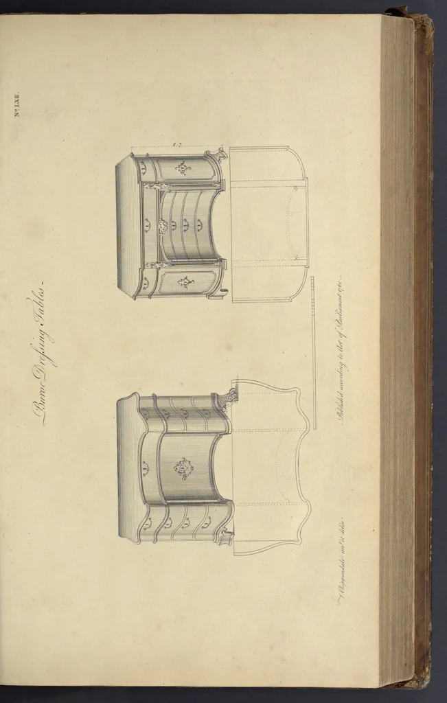 An illustration from The gentleman and cabinet-maker's director : being a large collection of the most elegant and useful designs of household furniture, in the most fashionable taste : including a great variety of chairs, cofas, beds, and couches : china-tables, dressing-tables, shaving-tables, bason-stands, and teakettle-stands : frames for marble-slabs, bureau-dressing-tables, and commodes : writing-tables, and library-tables : library-book-cases, organ-cases for private rooms, or churches, desks, and book-cases : dressing and writing-tables with book-cases, toilets, cabinets, and cloaths-presses : china-cases, china-shelves, and book-shelves : candle-stands, terms for busts, stands for china jars, and pedestals : cisterns for water, lanthorns, and chandeliers : fire-screens, brackets, and clock-cases : pier-glasses, and table-frames : girandoles, chimney-pieces, and picture-frames : stove-grates, boarders, frets, Chinese-railing, and brass-work, for furniture : and other ornaments : to which is prefixed, a short explanation of the five orders of architecture : with proper directions for executing the most difficult pieces, the mouldings being exhibited at large, and the dimensions of each design specified : the whole comprehended in two hundred copper-plates, neatly engraved ..., 1762, leaf 150