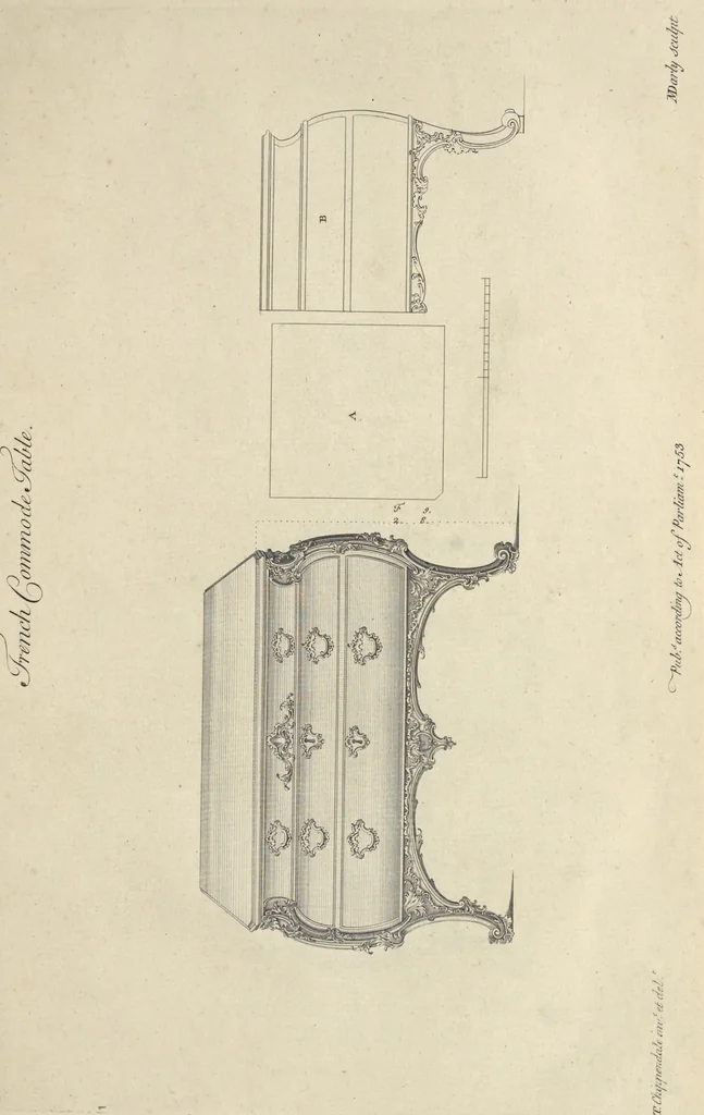 An illustration from The gentleman and cabinet-maker's director : being a large collection of the most elegant and useful designs of household furniture, in the most fashionable taste : including a great variety of chairs, cofas, beds, and couches : china-tables, dressing-tables, shaving-tables, bason-stands, and teakettle-stands : frames for marble-slabs, bureau-dressing-tables, and commodes : writing-tables, and library-tables : library-book-cases, organ-cases for private rooms, or churches, desks, and book-cases : dressing and writing-tables with book-cases, toilets, cabinets, and cloaths-presses : china-cases, china-shelves, and book-shelves : candle-stands, terms for busts, stands for china jars, and pedestals : cisterns for water, lanthorns, and chandeliers : fire-screens, brackets, and clock-cases : pier-glasses, and table-frames : girandoles, chimney-pieces, and picture-frames : stove-grates, boarders, frets, Chinese-railing, and brass-work, for furniture : and other ornaments : to which is prefixed, a short explanation of the five orders of architecture : with proper directions for executing the most difficult pieces, the mouldings being exhibited at large, and the dimensions of each design specified : the whole comprehended in two hundred copper-plates, neatly engraved ..., 1762, leaf 154
