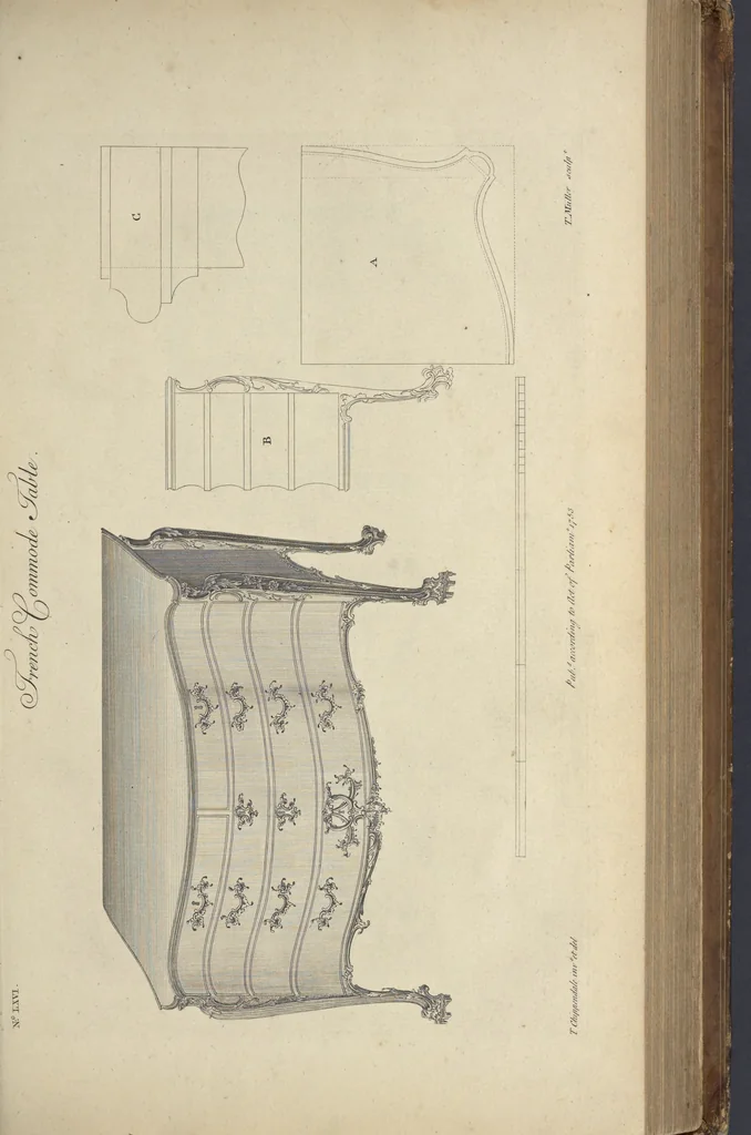 An illustration from The gentleman and cabinet-maker's director : being a large collection of the most elegant and useful designs of household furniture, in the most fashionable taste : including a great variety of chairs, cofas, beds, and couches : china-tables, dressing-tables, shaving-tables, bason-stands, and teakettle-stands : frames for marble-slabs, bureau-dressing-tables, and commodes : writing-tables, and library-tables : library-book-cases, organ-cases for private rooms, or churches, desks, and book-cases : dressing and writing-tables with book-cases, toilets, cabinets, and cloaths-presses : china-cases, china-shelves, and book-shelves : candle-stands, terms for busts, stands for china jars, and pedestals : cisterns for water, lanthorns, and chandeliers : fire-screens, brackets, and clock-cases : pier-glasses, and table-frames : girandoles, chimney-pieces, and picture-frames : stove-grates, boarders, frets, Chinese-railing, and brass-work, for furniture : and other ornaments : to which is prefixed, a short explanation of the five orders of architecture : with proper directions for executing the most difficult pieces, the mouldings being exhibited at large, and the dimensions of each design specified : the whole comprehended in two hundred copper-plates, neatly engraved ..., 1762, leaf 158