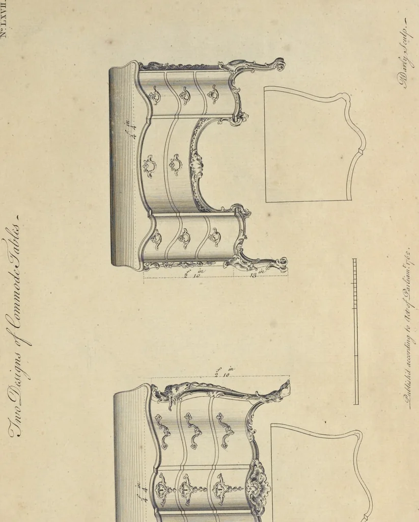 An illustration from The gentleman and cabinet-maker's director : being a large collection of the most elegant and useful designs of household furniture, in the most fashionable taste : including a great variety of chairs, cofas, beds, and couches : china-tables, dressing-tables, shaving-tables, bason-stands, and teakettle-stands : frames for marble-slabs, bureau-dressing-tables, and commodes : writing-tables, and library-tables : library-book-cases, organ-cases for private rooms, or churches, desks, and book-cases : dressing and writing-tables with book-cases, toilets, cabinets, and cloaths-presses : china-cases, china-shelves, and book-shelves : candle-stands, terms for busts, stands for china jars, and pedestals : cisterns for water, lanthorns, and chandeliers : fire-screens, brackets, and clock-cases : pier-glasses, and table-frames : girandoles, chimney-pieces, and picture-frames : stove-grates, boarders, frets, Chinese-railing, and brass-work, for furniture : and other ornaments : to which is prefixed, a short explanation of the five orders of architecture : with proper directions for executing the most difficult pieces, the mouldings being exhibited at large, and the dimensions of each design specified : the whole comprehended in two hundred copper-plates, neatly engraved ..., 1762, leaf 160