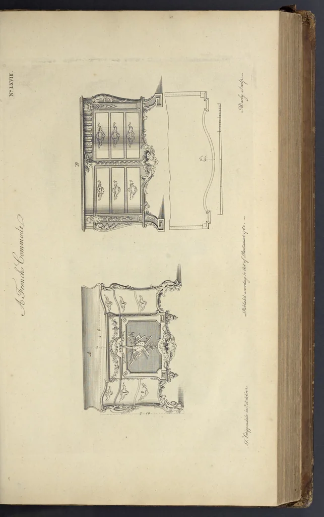 An illustration from The gentleman and cabinet-maker's director : being a large collection of the most elegant and useful designs of household furniture, in the most fashionable taste : including a great variety of chairs, cofas, beds, and couches : china-tables, dressing-tables, shaving-tables, bason-stands, and teakettle-stands : frames for marble-slabs, bureau-dressing-tables, and commodes : writing-tables, and library-tables : library-book-cases, organ-cases for private rooms, or churches, desks, and book-cases : dressing and writing-tables with book-cases, toilets, cabinets, and cloaths-presses : china-cases, china-shelves, and book-shelves : candle-stands, terms for busts, stands for china jars, and pedestals : cisterns for water, lanthorns, and chandeliers : fire-screens, brackets, and clock-cases : pier-glasses, and table-frames : girandoles, chimney-pieces, and picture-frames : stove-grates, boarders, frets, Chinese-railing, and brass-work, for furniture : and other ornaments : to which is prefixed, a short explanation of the five orders of architecture : with proper directions for executing the most difficult pieces, the mouldings being exhibited at large, and the dimensions of each design specified : the whole comprehended in two hundred copper-plates, neatly engraved ..., 1762, leaf 162